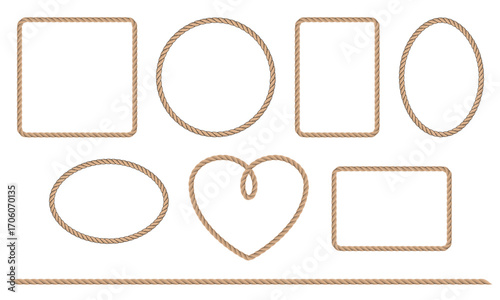 Set of rope frames on white background. Different frames made from marine ropes. Rope borders in nautical style.