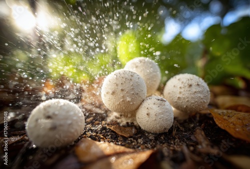 Group of round, textured mushrooms amid fallen leaves in a forest, bathed in bright sunlight filtering through trees, with a sprinkle of water droplets overhead