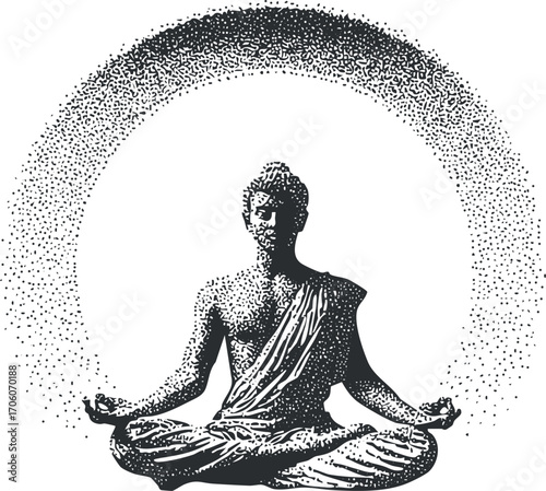 A serene Buddha statue in meditation with a calming aura and energy emanating from it.
