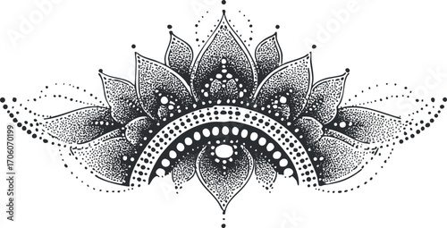A detailed black and white mandala design featuring floral elements and intricate patterns.