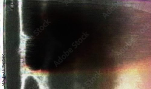 Photocopy texture in glitch style, featuring dark smudges, horizontal noise lines, and faded color patches. Main colors are black, grey, white, and muted red blended in abstract shapes.