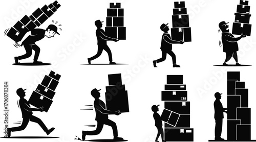 Cartoon Man Carrying Heavy Boxes, Delivery Worker Struggling with Packages, Moving and Stacking Boxes, Warehouse and Logistics Vector Illustration