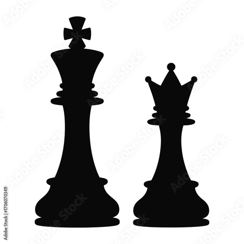 Vector silhouette of chess king and queen facing off in elegant minimal style isolated on white background in black and white