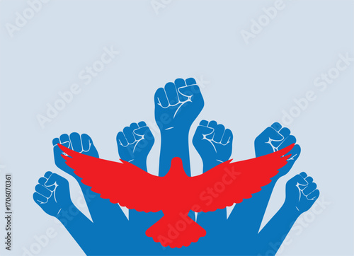 Concept of freedom with hands and dove isolated on white background