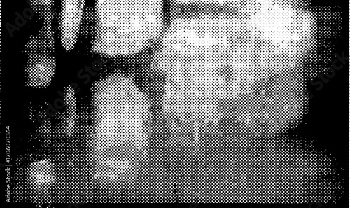 Abstract photocopy texture in halftone style, displaying bold black and white spots and organic dot patterns. The composition uses round, uneven shapes with strong contrast.
