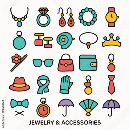 Collection of Colorful Jewelry and Fashion Accessories Icons.