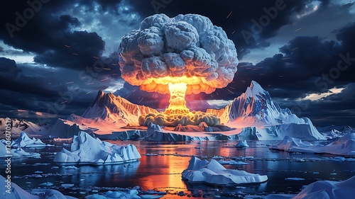Dramatic apocalyptic scene of a mushroom cloud explosion erupting from a frozen landscape with fiery orange light reflecting on water