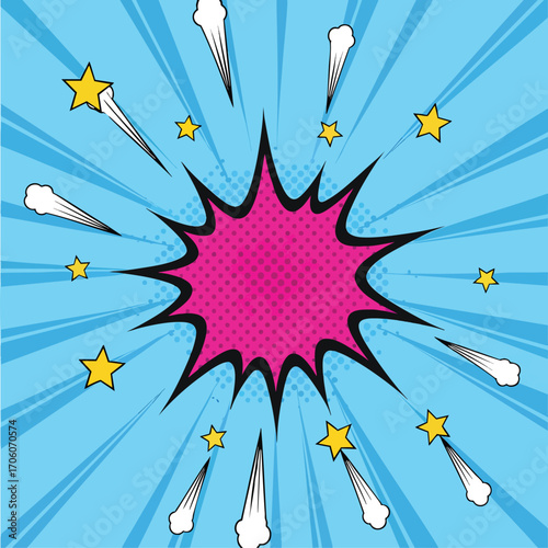 Vibrant comic book style explosion bubble with halftone dots stars and radial speed lines.