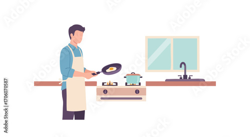 Man wearing an apron cooking a fried egg on a gas stove in a minimalist kitchen illustration.