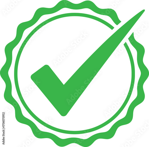 Green Check Mark Icon in Wavy Circle on White Isolated Background