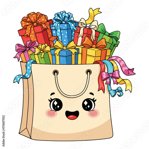 Cute cartoon shopping bag containing gift box