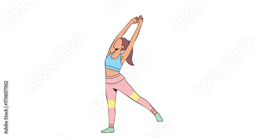 Minimalist illustration of a woman in colorful sportswear performing a standing side bend stretch.