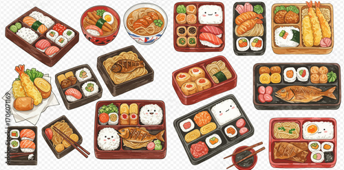 Illustration of various Japanese bento boxes, noodle bowls, and tempura dishes, arranged on a white background.