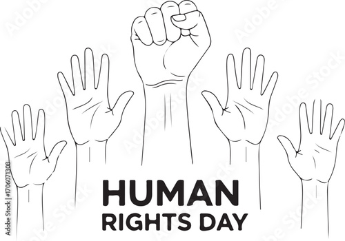 Human rights day with raised hand and open hands isolated on white background