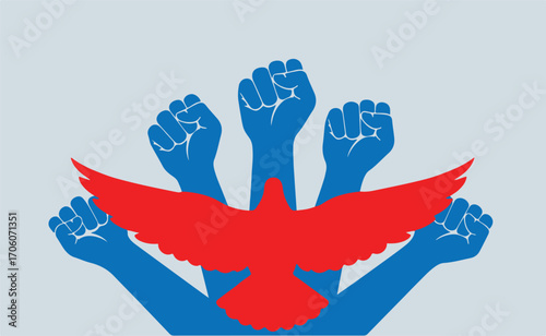 Hands raised with a dove, symbolizing peace and freedom for human rights