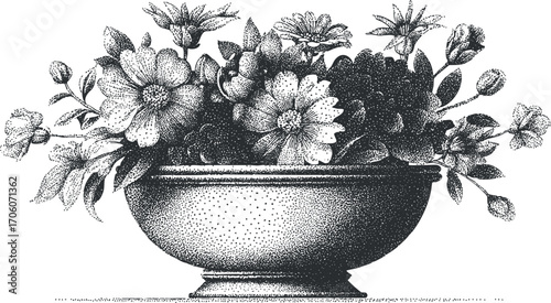A detailed black and white illustration of a floral arrangement in a decorative vase.