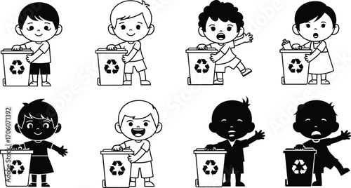 Children recycling with bins, environmental awareness, eco-friendly habits, waste separation, sustainability, green living, kids learning recycling, earth care, waste management