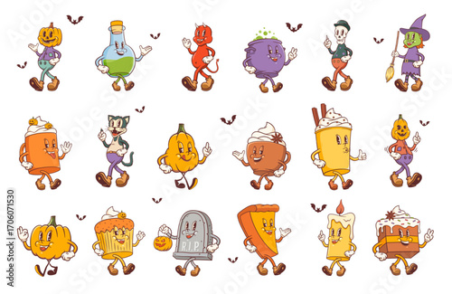 Groovy Halloween Retro Characters Set. Cartoon Food and Drink Pumpkin Pie, Cupcake, Coffee, Cat Tomb. Vector Autumn Holiday Sweets Mascot Templates. Happy Vintage Cool Personage Illustrations Isolated