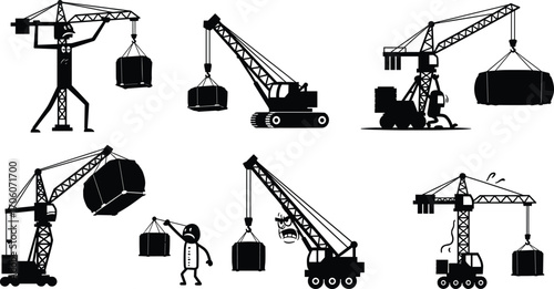 Construction Crane Silhouettes with Workers and Heavy Loads, Industrial Equipment, Building Site, Lifting Operations, Construction Industry Vector Icons
