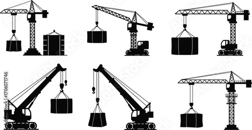 Construction Cranes Lifting Heavy Loads, Tower and Mobile Crane Silhouettes, Building Site Equipment, Industrial Lifting Machinery Vector Icons