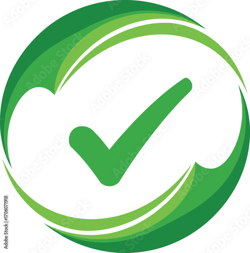 Green Check Mark in Circle of Flowing Stripes on White Background Simple Modern Design