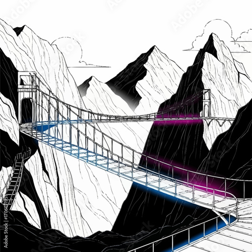 Majestic Mountaintop Suspension Bridges Black and White Line Art Illustration