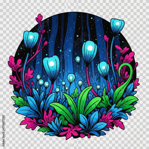 Glowing Flowers in Dark Forest Fantasy Art Magical Night Blue Flowers Dark Background Circle Design Nature Illustration