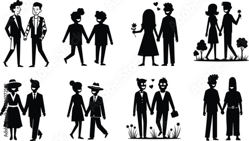 Couples holding hands vector set, LGBTQ love illustrations, romantic partner silhouettes, diverse relationship clipart, romantic walking couple scenes