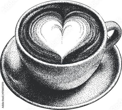 A beautifully illustrated cup of coffee with heart-shaped latte art on a saucer.