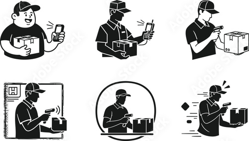 Delivery worker scanning package with handheld barcode scanner, courier service, shipping process, parcel tracking, logistics, warehouse management, fast and efficient delivery system