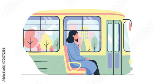 Pensive woman in a blue coat traveling by bus and looking out the window at the city.