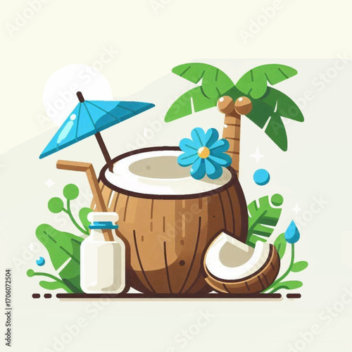 Coconut Drink on Beach Summer Vacation Tropical Paradise Illustration