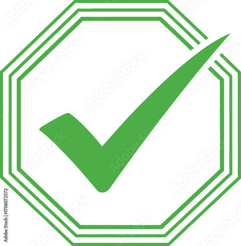 Green Check Mark in Triple Bordered Octagon on White Background Approval