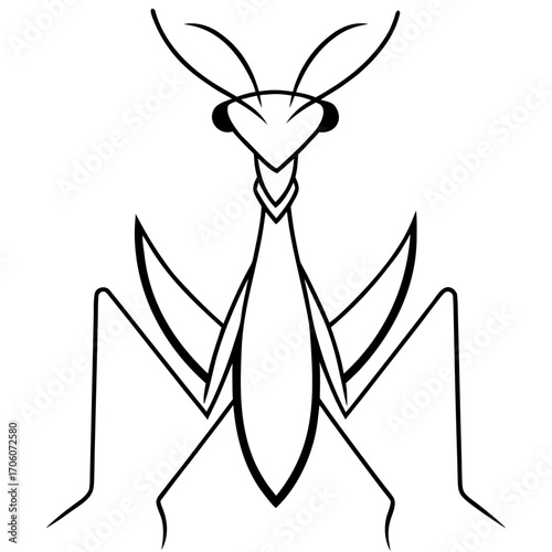 Stylized minimalist black and white praying mantis insect silhouette with large eyes and long legs