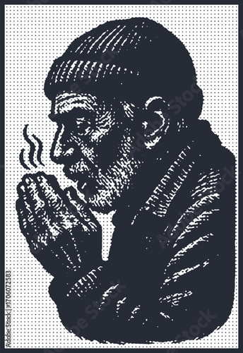 Vintage illustration of an elderly man warming his hands in the cold. Black and white graphic art for winter, survival, and warmth themes.