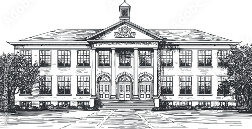 A detailed illustration of a classic school building with trees and landscaping.