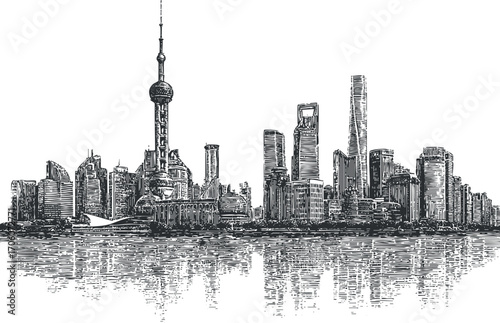 A detailed black and white illustration of the Shanghai skyline featuring iconic buildings and reflections.