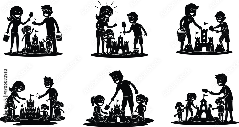 Naklejka premium Family sandcastle, kids playing, beach fun, summer vacation, parents with children, sandcastle building, outdoor activity, happy family, summer play