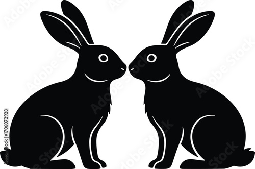 Minimal vector silhouette, pair of rabbits touching noses, side view, solid black