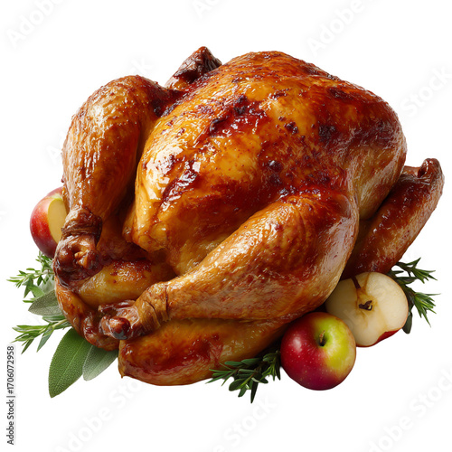 Appetizing roasted turkey with apples and herbs isolated on transparent background