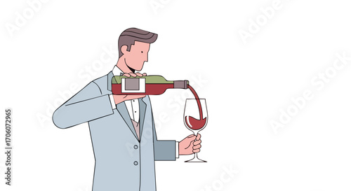 Professional sommelier in a formal suit pouring a glass of red wine.
