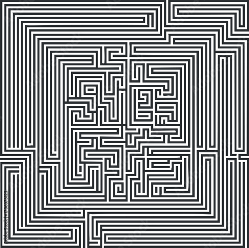 Intricate black and white maze design featuring numerous twists and turns for puzzle enthusiasts.