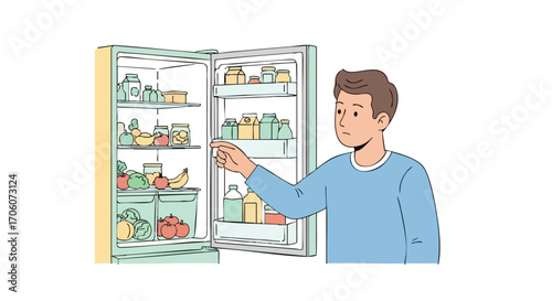 Puzzled young man in a blue shirt deciding what to eat from a wellstocked refrigerator.
