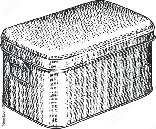 A vintage metal storage box with a lid and handle, ideal for home organization.