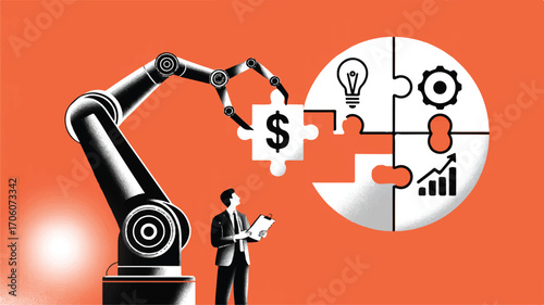 Vector art of robotic arm assembling puzzle pieces representing business strategy