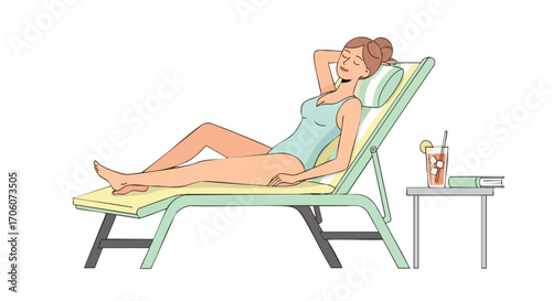 Relaxed woman in a light blue swimsuit sunbathing on a lounge chair with a cold drink and a book.