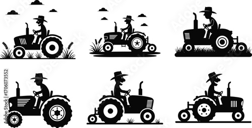 Farmer driving tractor vector, agriculture silhouette illustration, rural farming scene clipart, cartoon tractor driver, countryside field equipment art