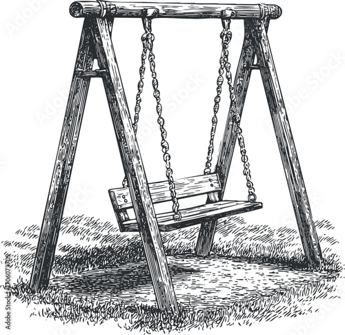 Illustration of a wooden swing set in a grassy area, representing outdoor recreation and childhood fun.