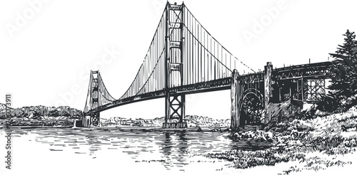 Monochrome illustration of an iconic bridge spanning a river with a scenic backdrop.