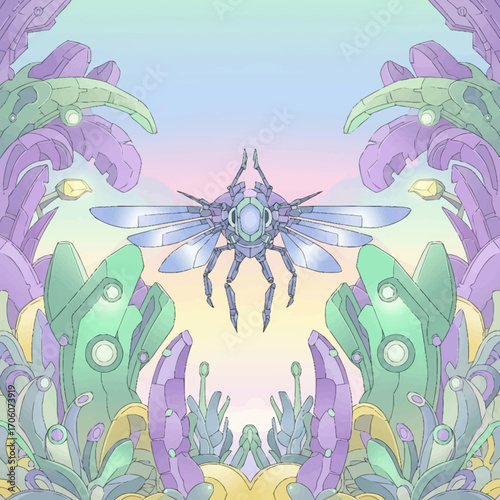 Cyberpunk Insect in Pastel Bio Mechanical Garden Surreal Digital Art